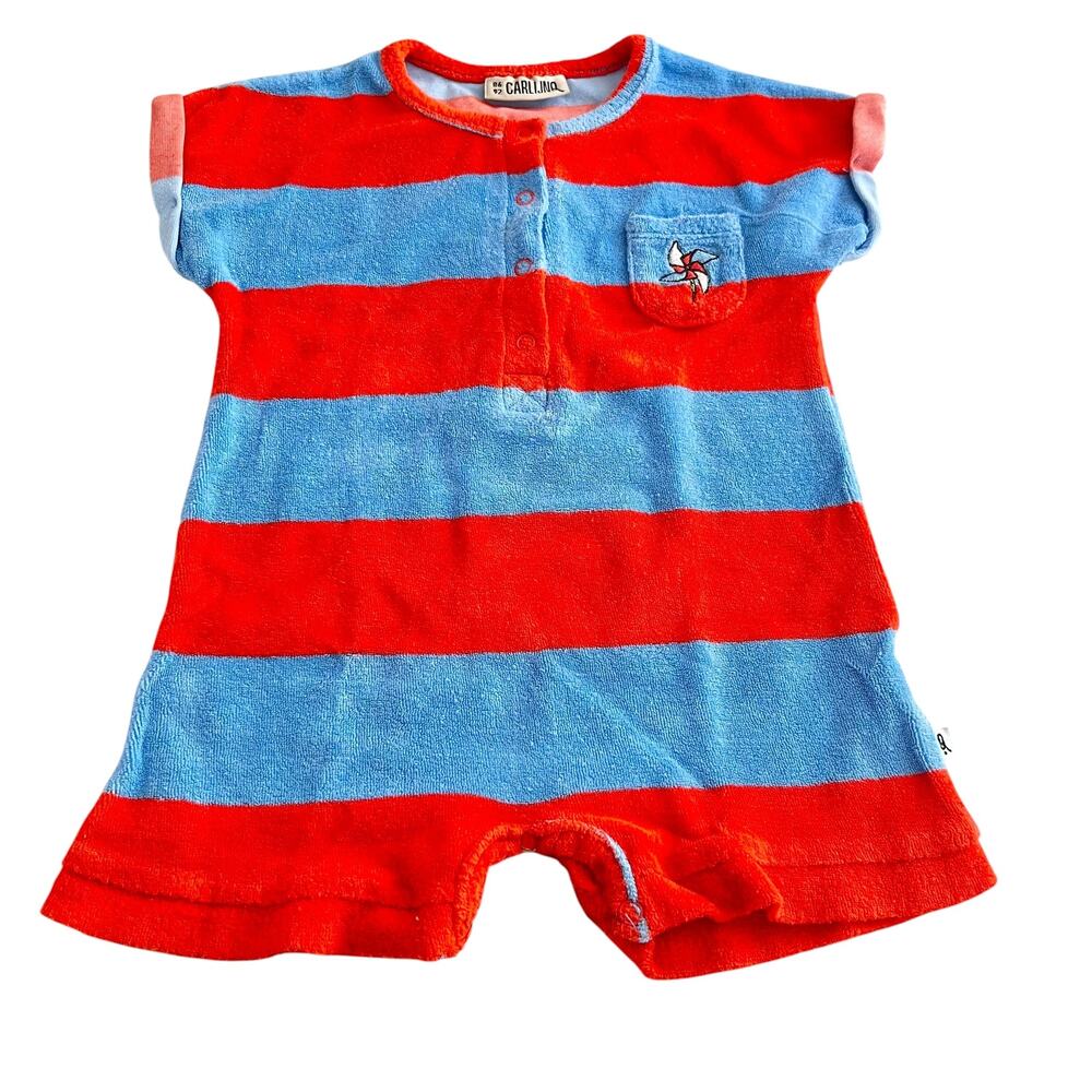 CarlijnQ Boys Blue Orange Stripe Terry Baby Jumpsuit Organic Cotton 18-24 months